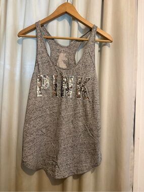 PINK Victoria's Secret Gray Sequin Logo Racerback Tank